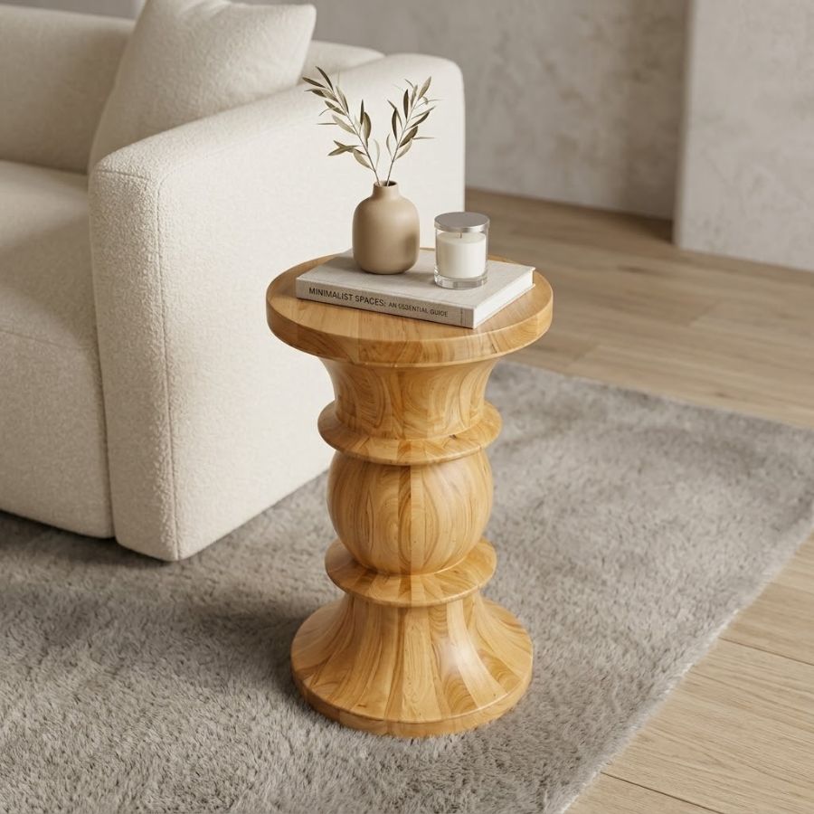 Bàn gỗ dáng đồng hồ cát phong cách tối giản cạnh sofa