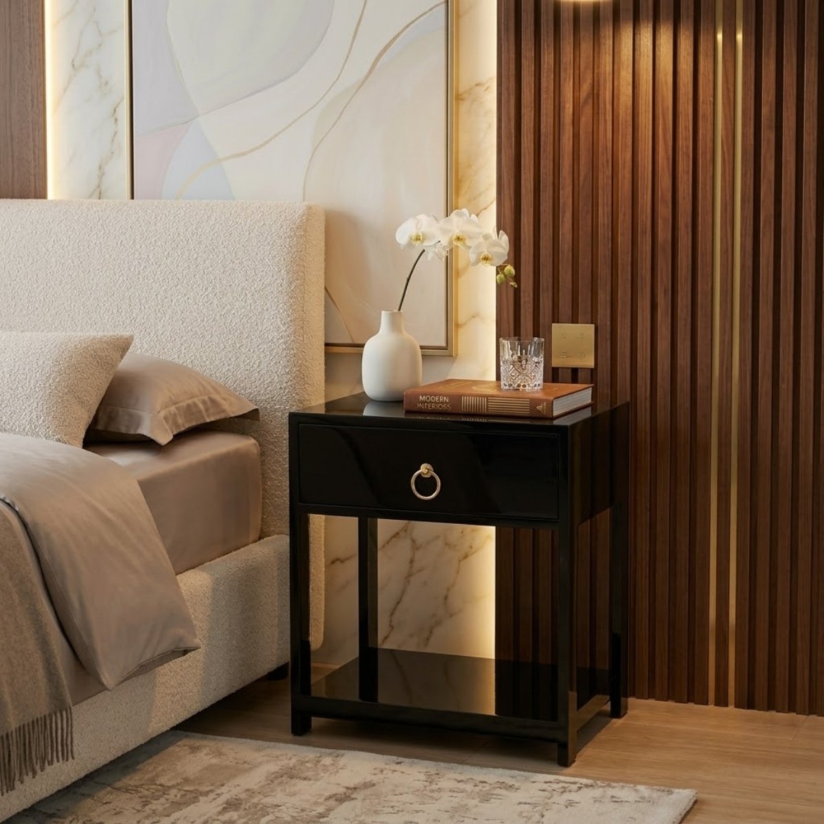 Bàn đầu giường gỗ đen, ngăn kéo đơn