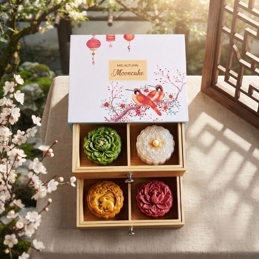 Hộp bánh trung thu gỗ 2 ngăn kéo