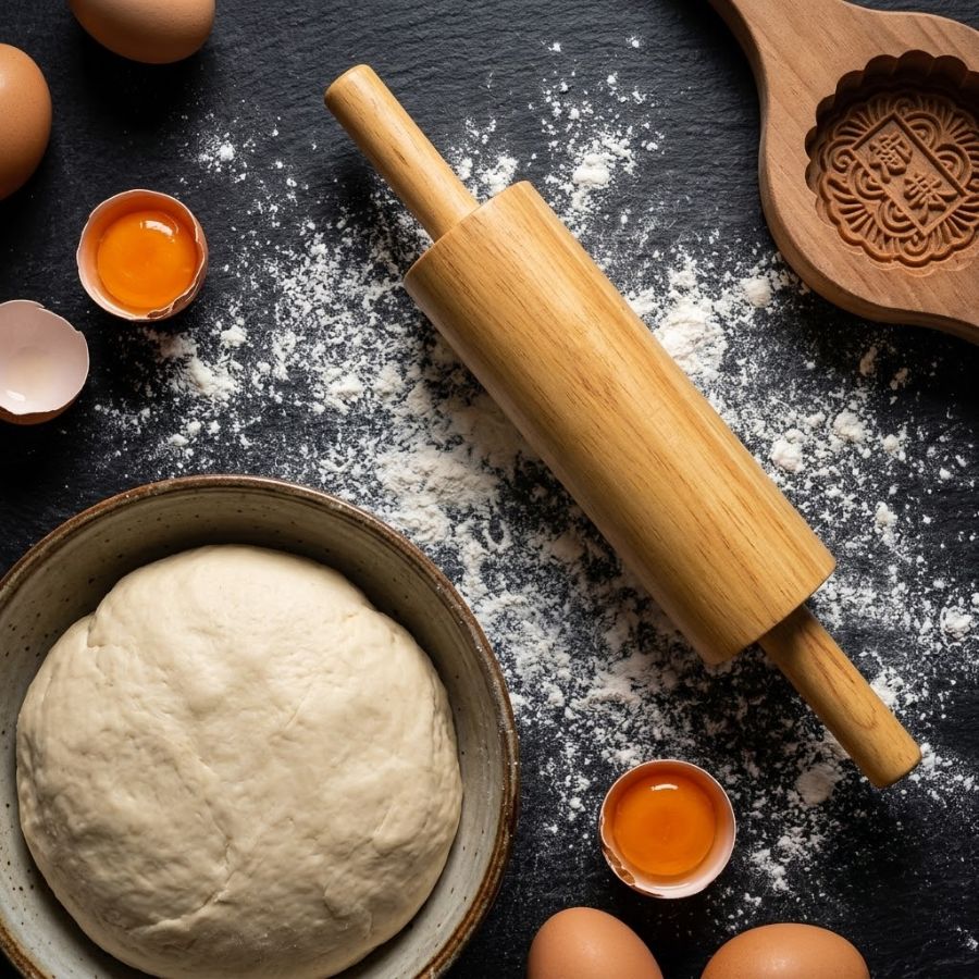 Cây cán bột gỗ, tô bột và nguyên liệu làm bánh.