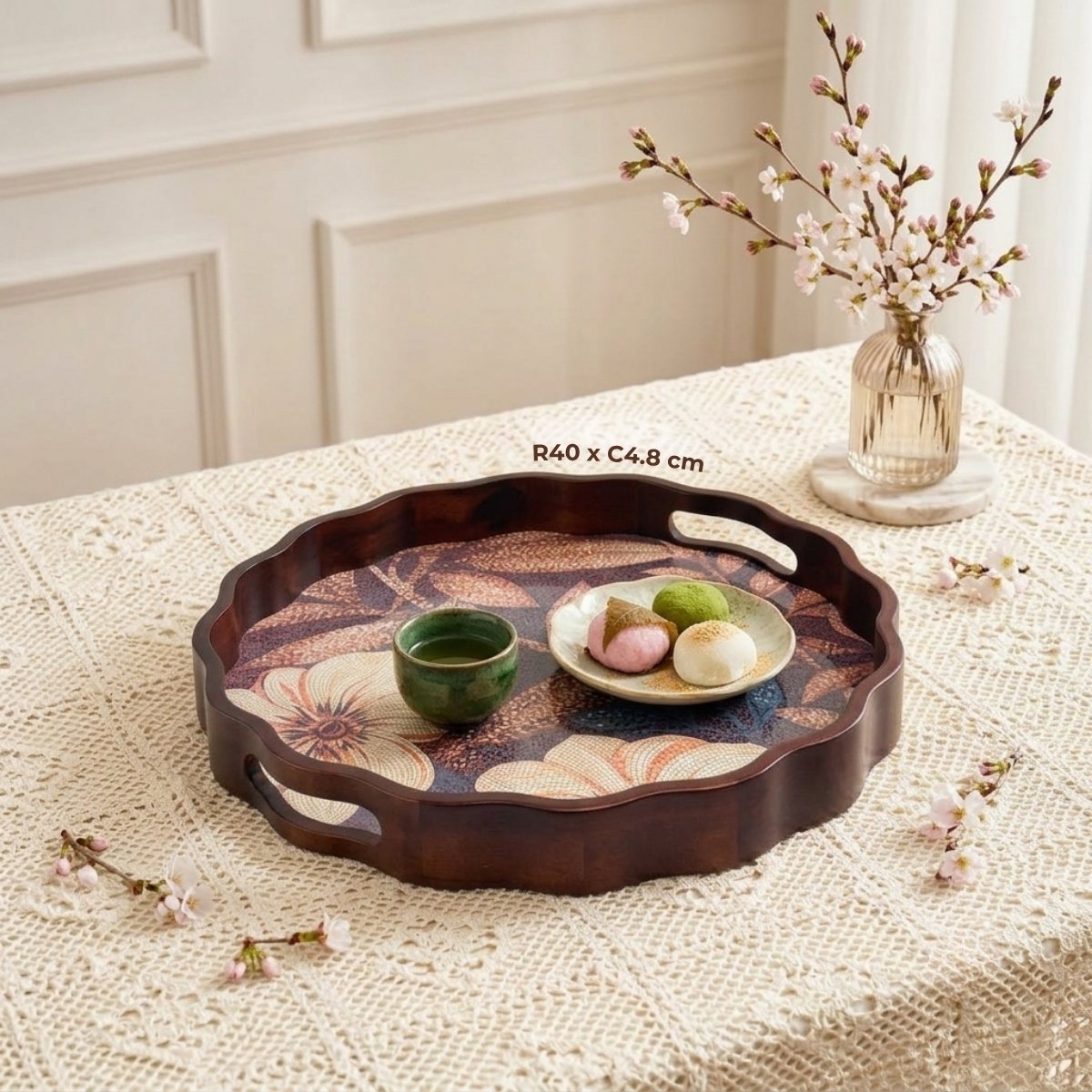 khay tròn gỗ tràm hoa hải quỳ