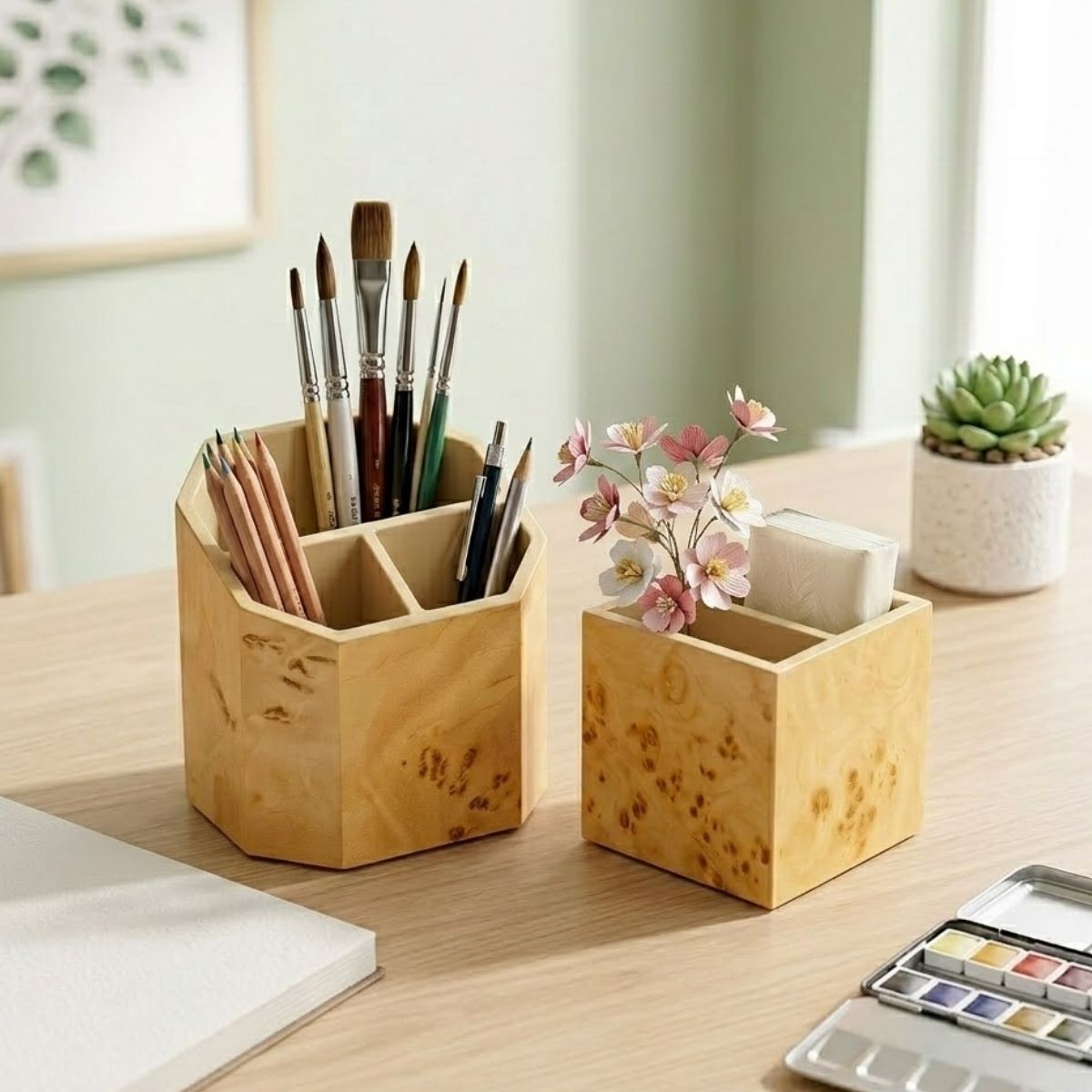 Hộp đa năng vân Burl tự nhiên đựng cọ vẽ