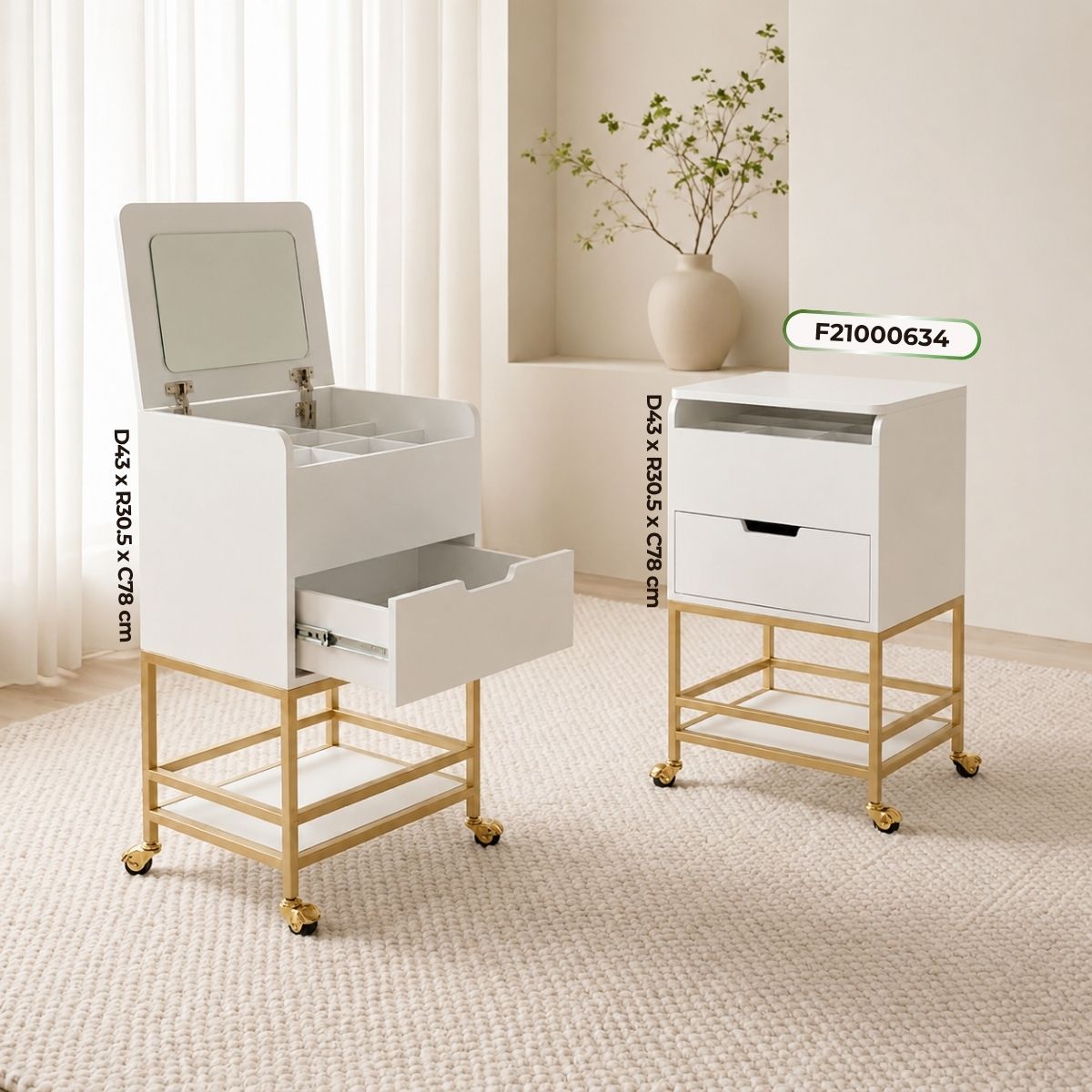 Tủ trang điểm mini màu trắng chân vàng