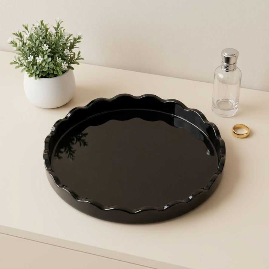 Khay decor tròn viền lượn sóng màu đen bóng