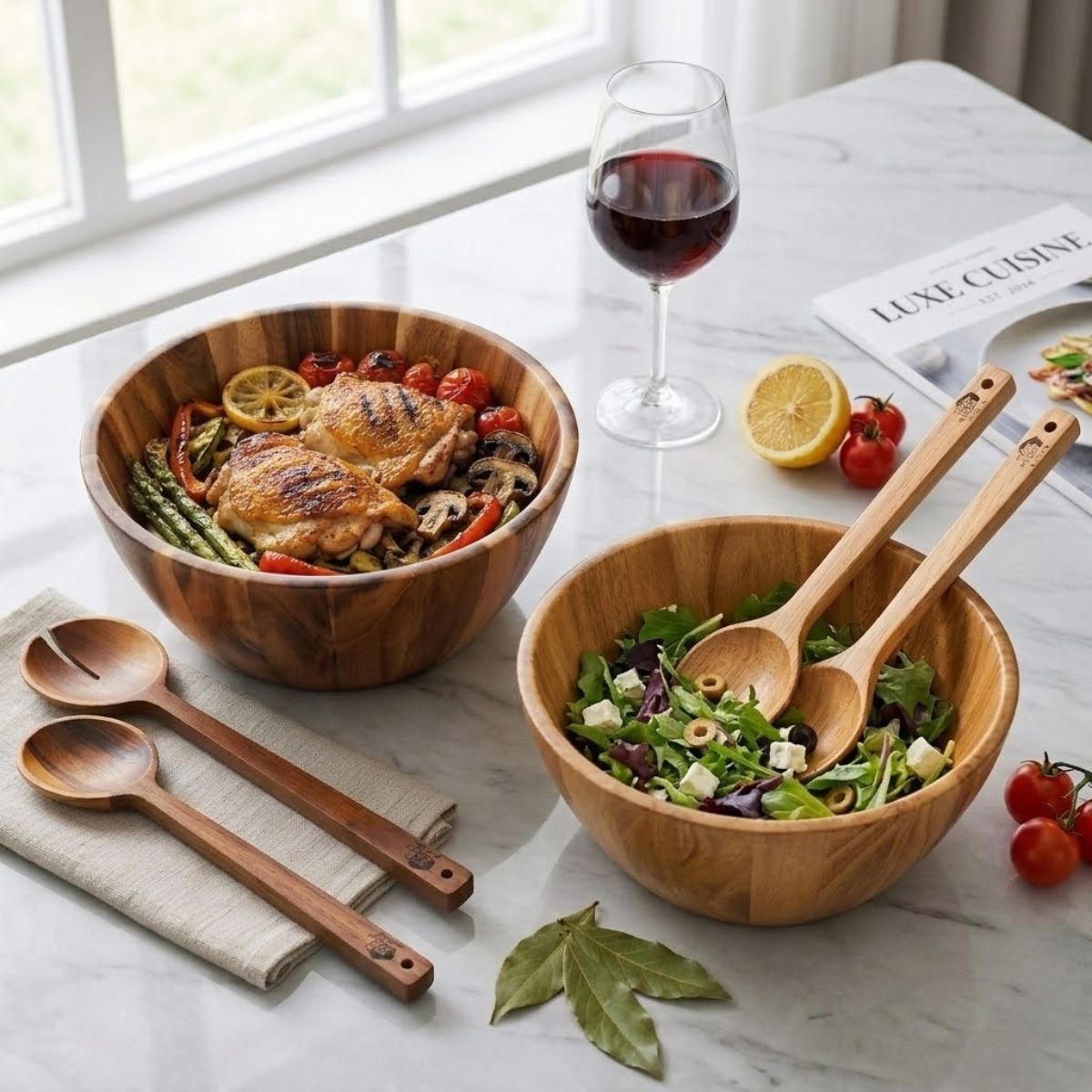 Tô gỗ đựng gà và salad