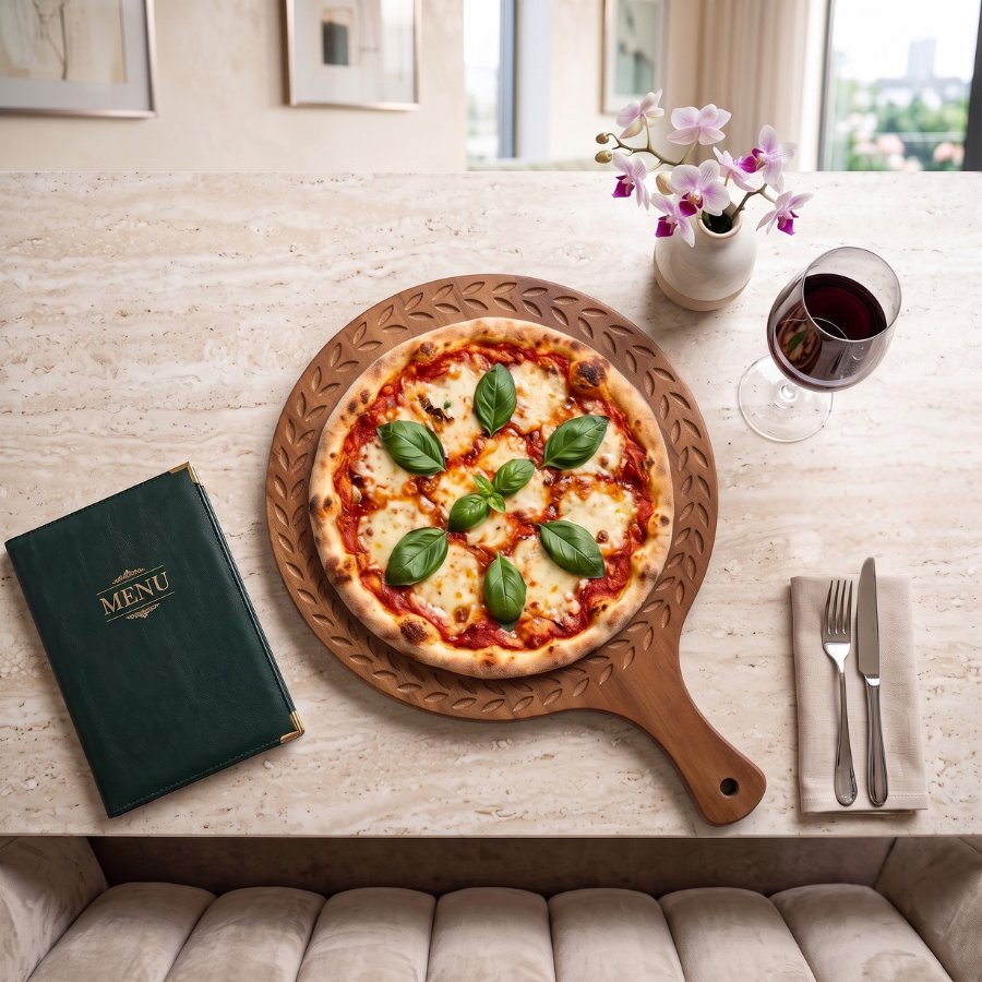 Thớt gỗ decor pizza khắc họa tiết lá tinh tế