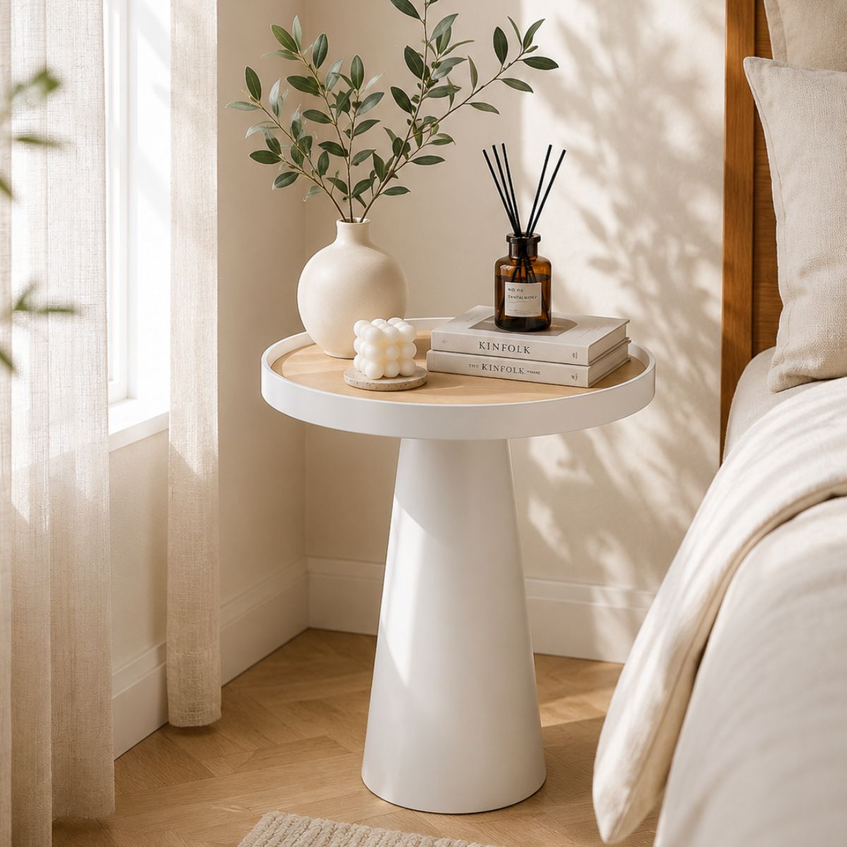 Bàn đầu giường tròn gỗ trắng