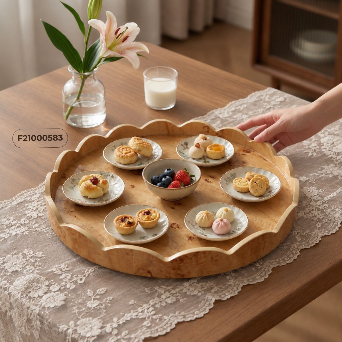 Khay vân Burl vàng viền con sò bày tiệc trà