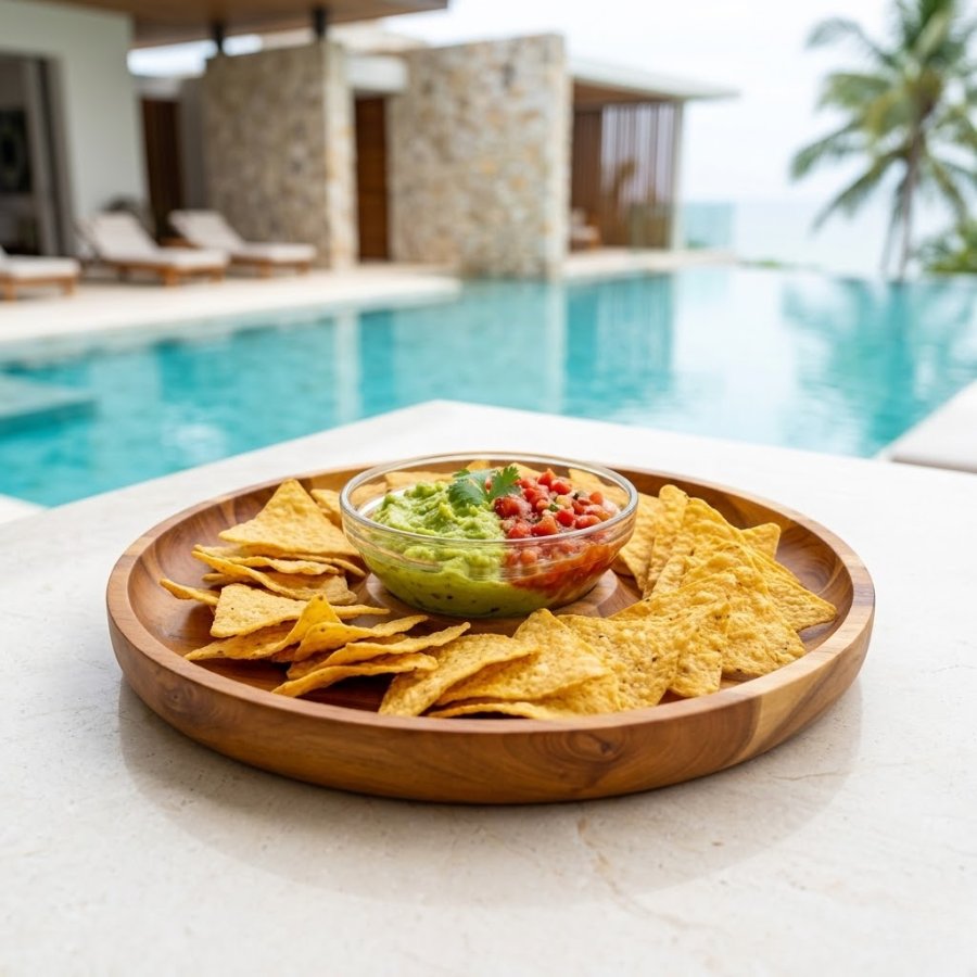 Nachos dùng kèm guacamole và salsa trên khay gỗ bên bể bơi