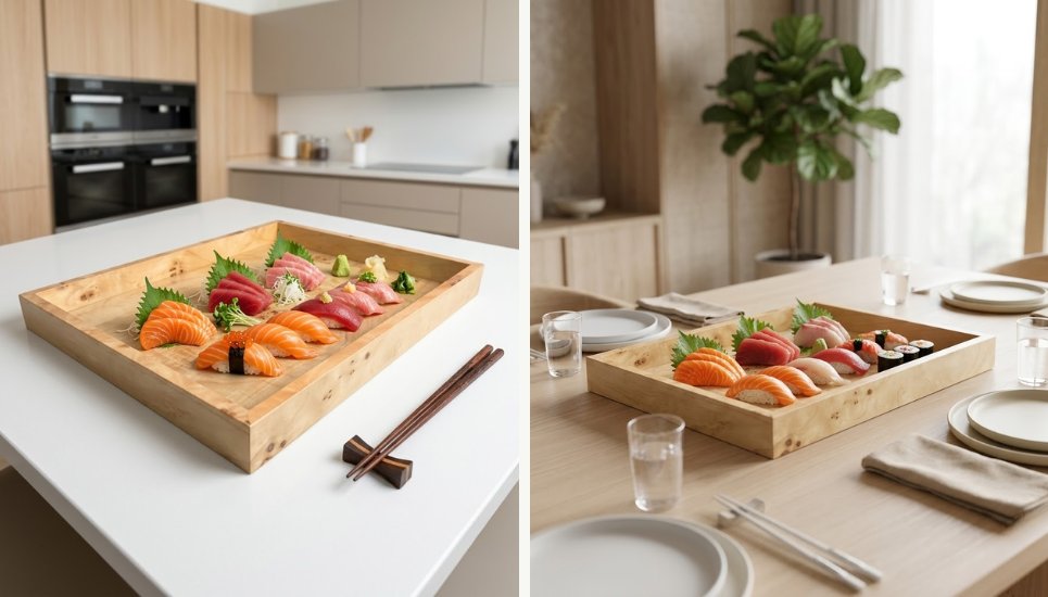 khay chữ nhật vân burl đựng sushi