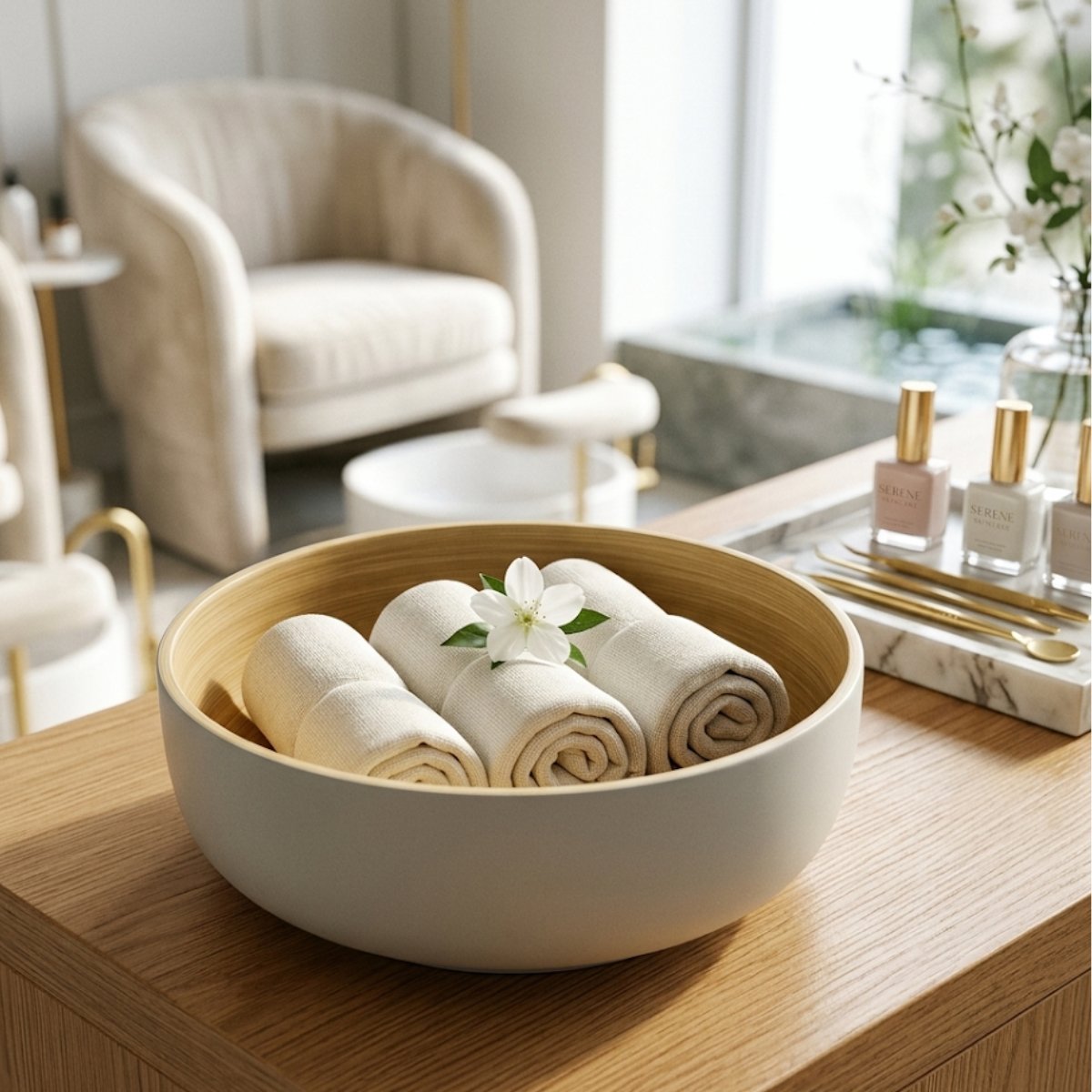 Trang trí tiệm nail bằng tô tròn đựng khăn