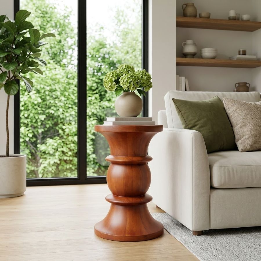 Bàn gỗ dáng đồng hồ cát đặt cạnh phòng khách hiện đại