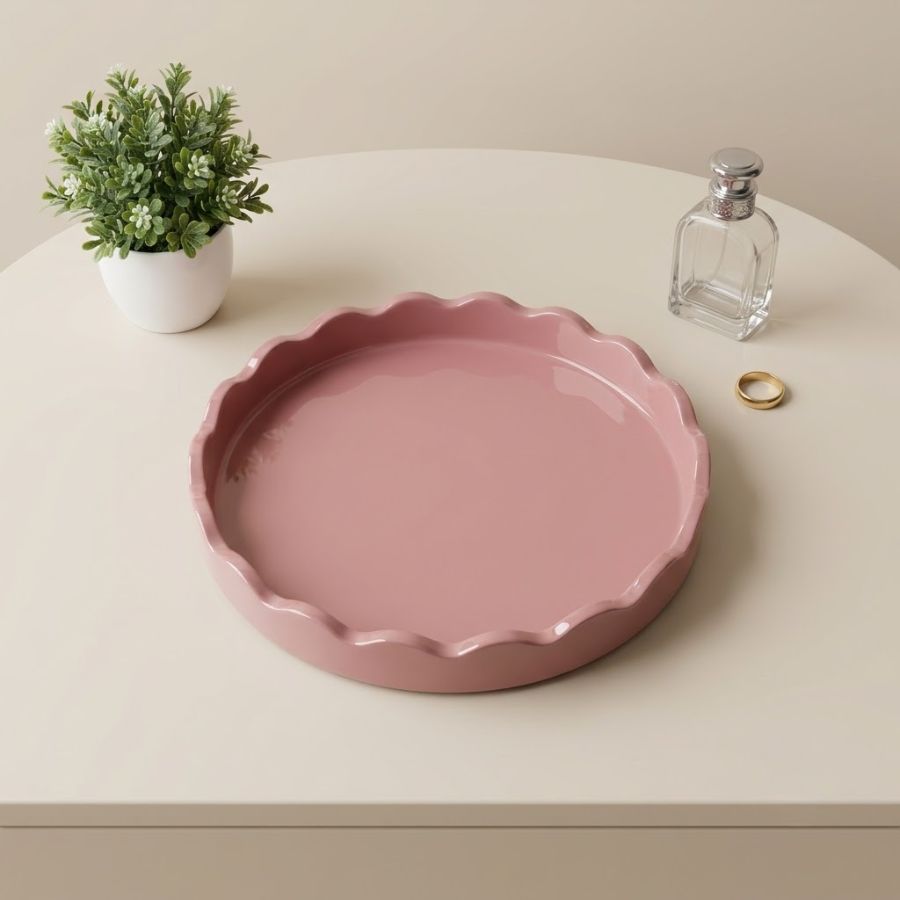 Khay decor tròn viền lượn sóng màu hồng bóng