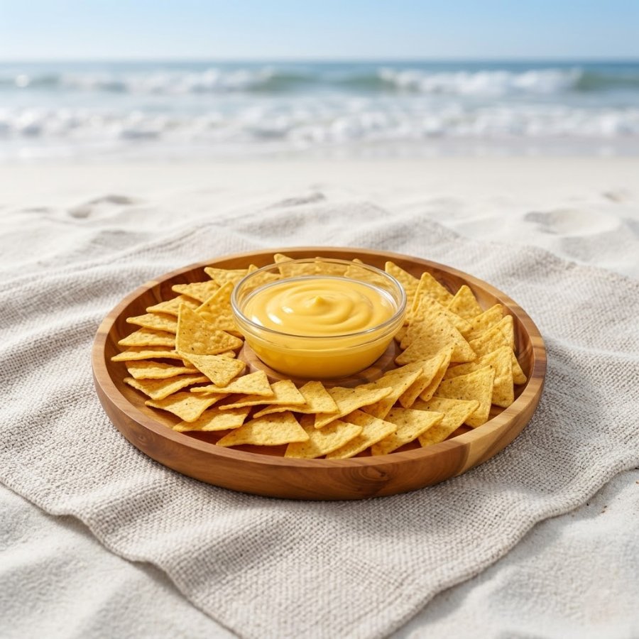 Nachos và bát sốt phô mai đặt trên khay gỗ tại bãi biển