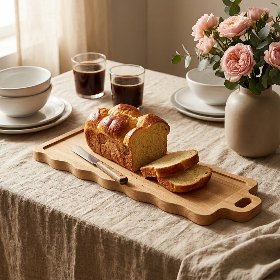 Thớt gỗ dài bày bánh mì và đồ ăn