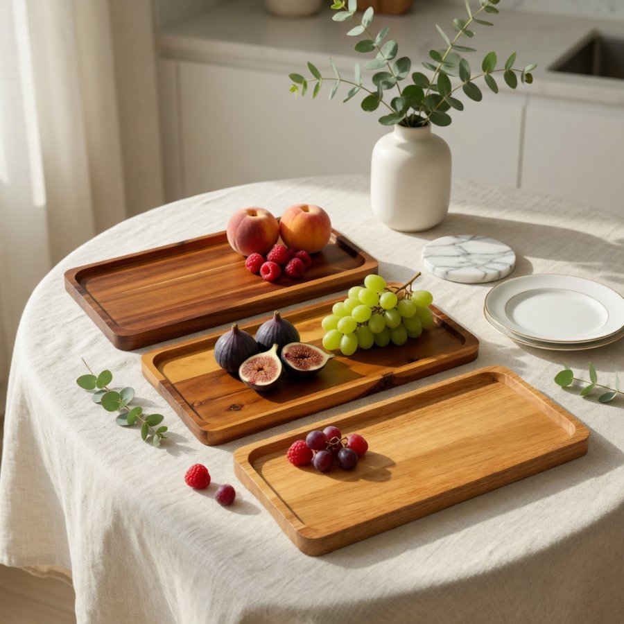 Bộ đĩa gỗ chữ nhật bày trí hoa quả tươi