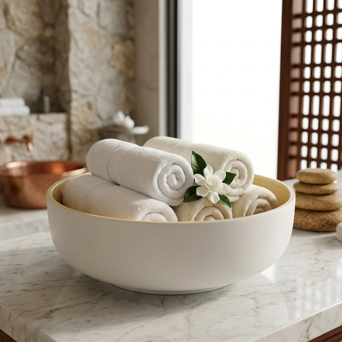 Tô tròn viền gỗ đựng khăn spa thư giãn