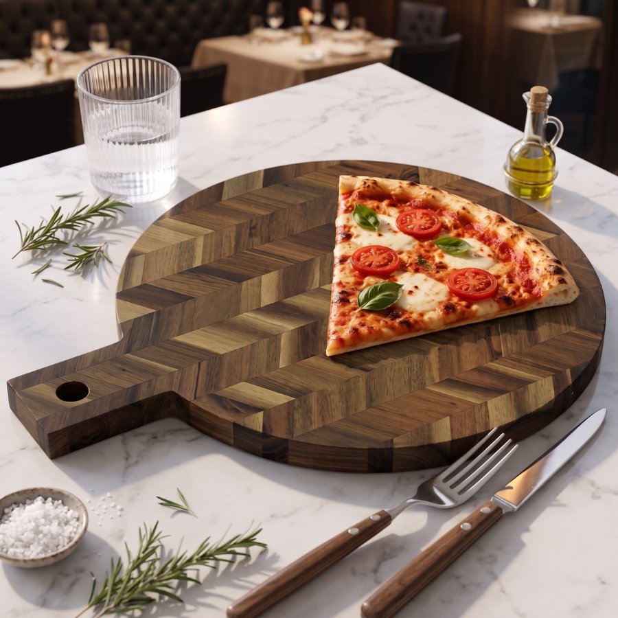Thớt gỗ pizza ghép vân xương cá lạ mắt