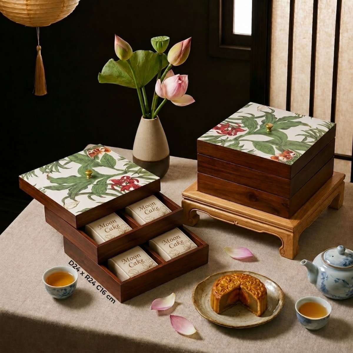 Hộp gỗ bánh trung thu 2 tầng họa tiết hoa sang trọng