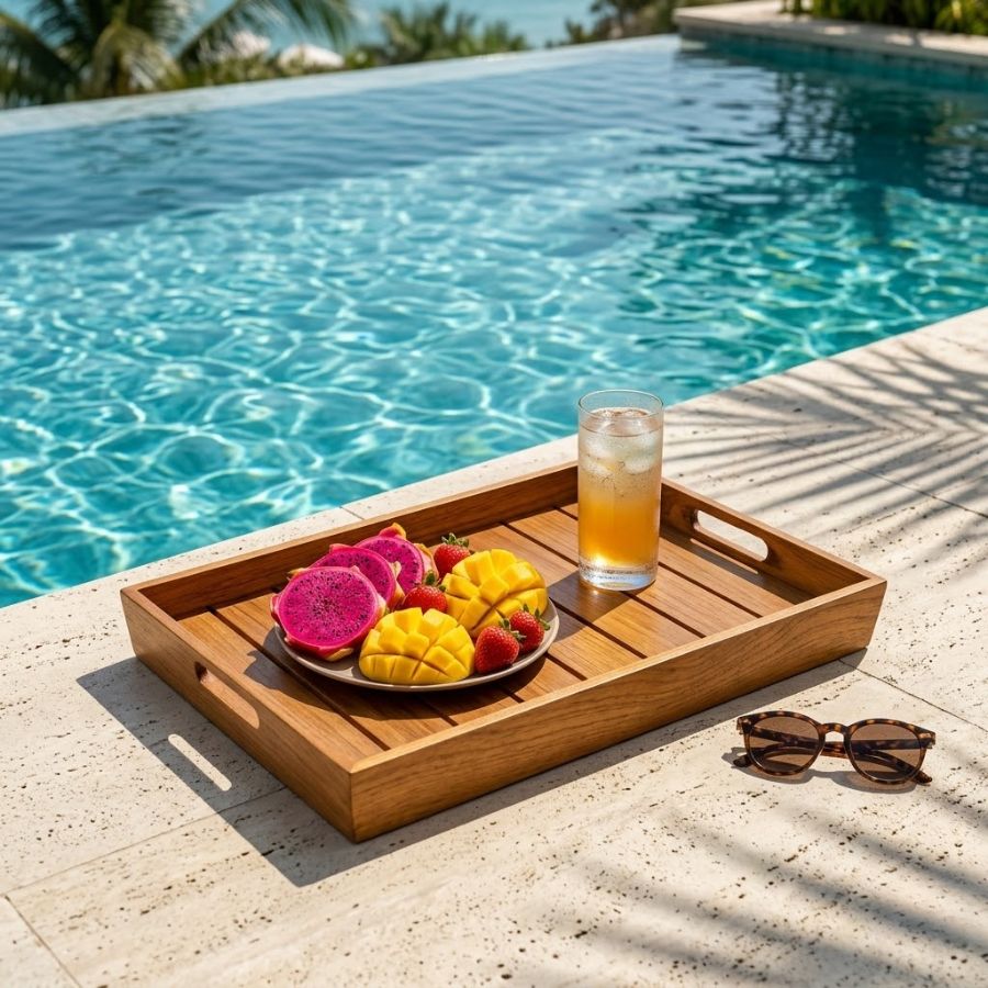 Khay gỗ phục vụ đồ ăn trái cây cạnh hồ bơi resort