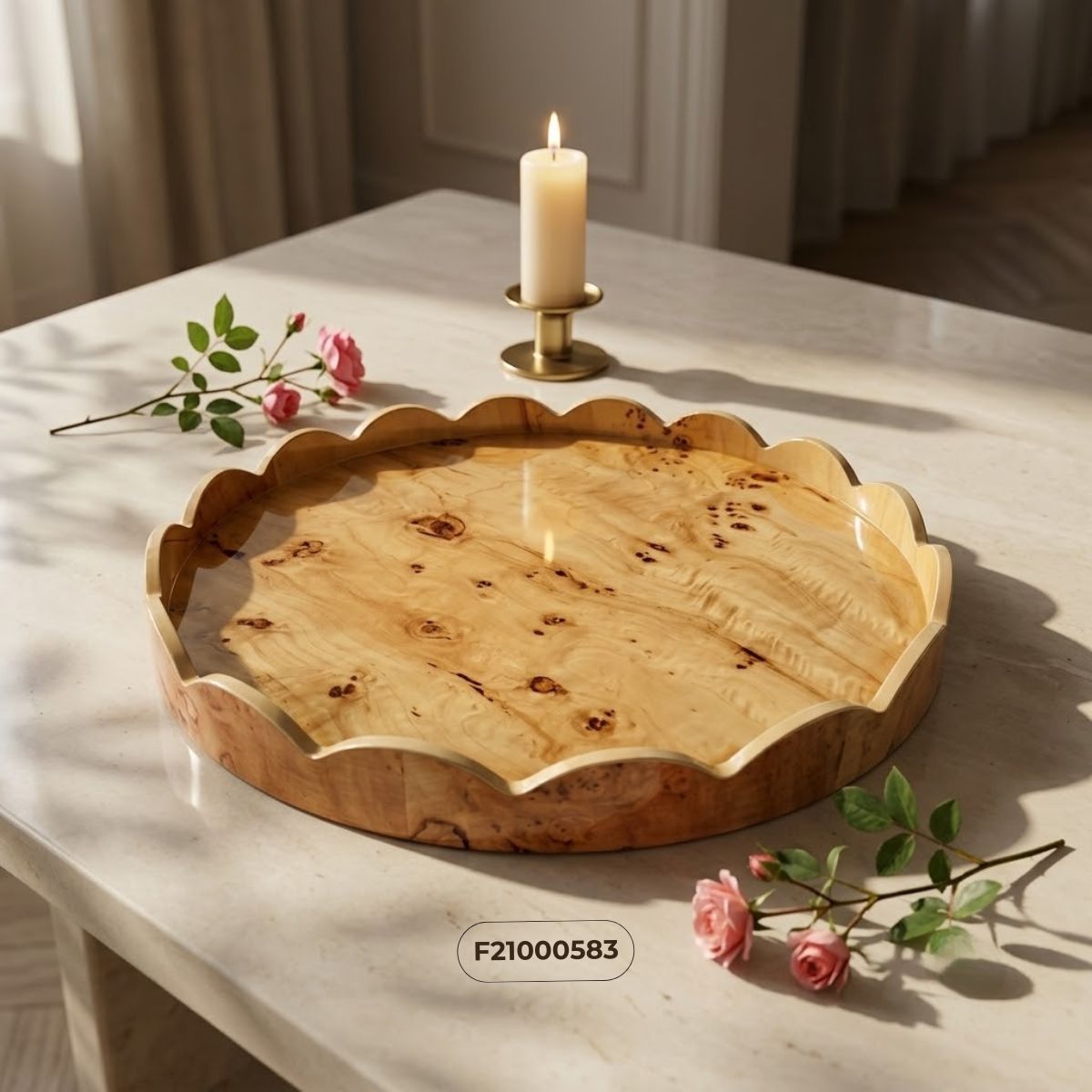 Khay vân Burl vàng viền con sò decor tinh tế