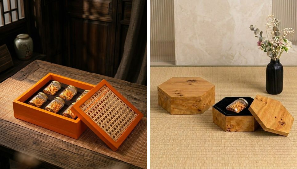 hộp đựng đông trùng vân burl và sơn mài