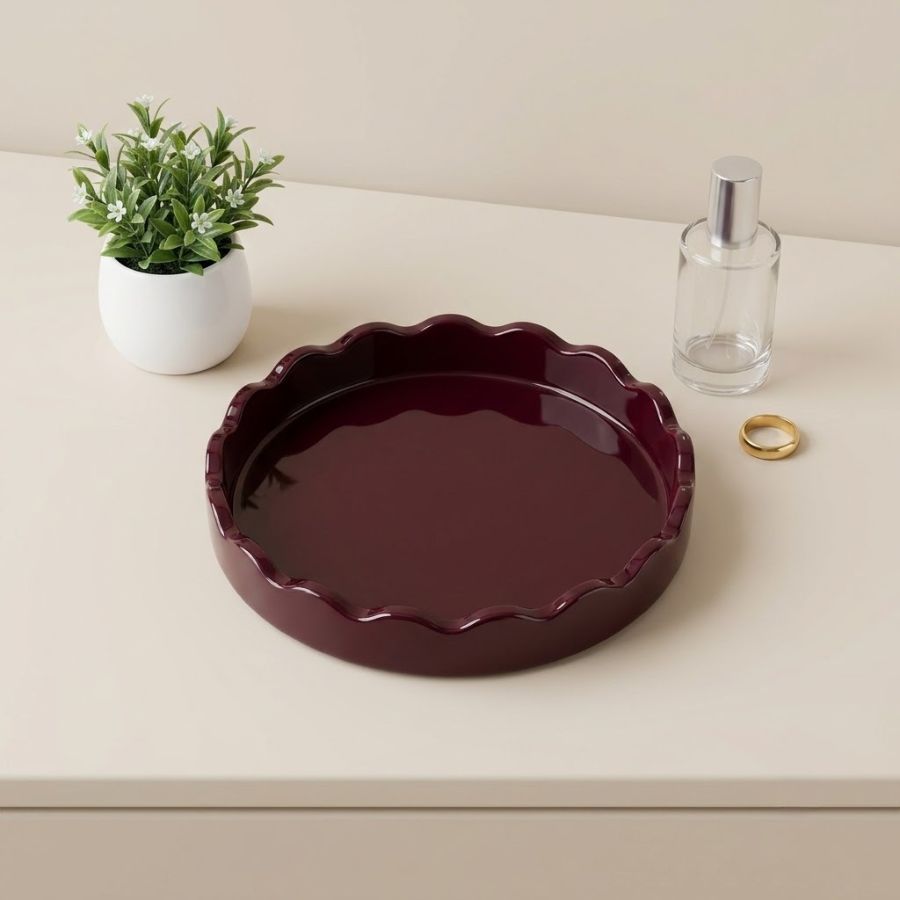 Khay decor tròn viền lượn sóng màu đỏ nâu bóng