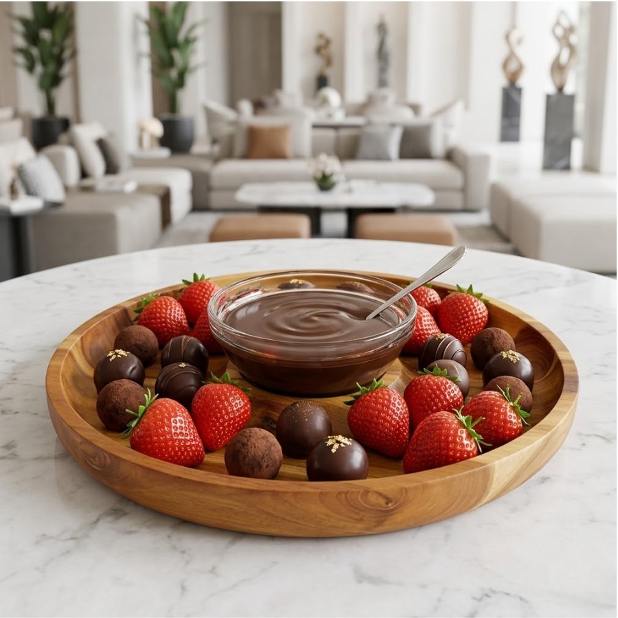 Chocolate fondue ăn kèm dâu tây và socola viên trên khay gỗ