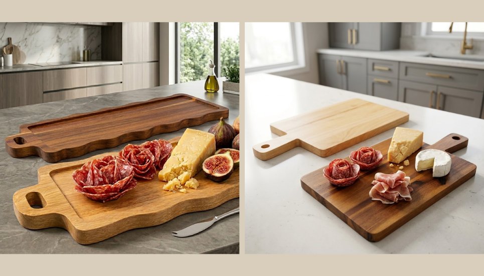 thớt gỗ bày trí thức ăn tiệc steak, tiệc rượu