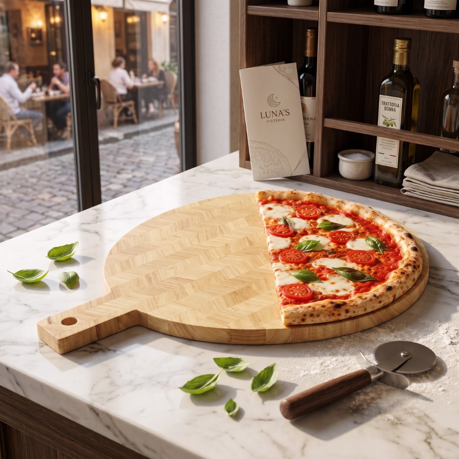 Thớt gỗ decor pizza màu sáng mộc mạc cho quán ăn
