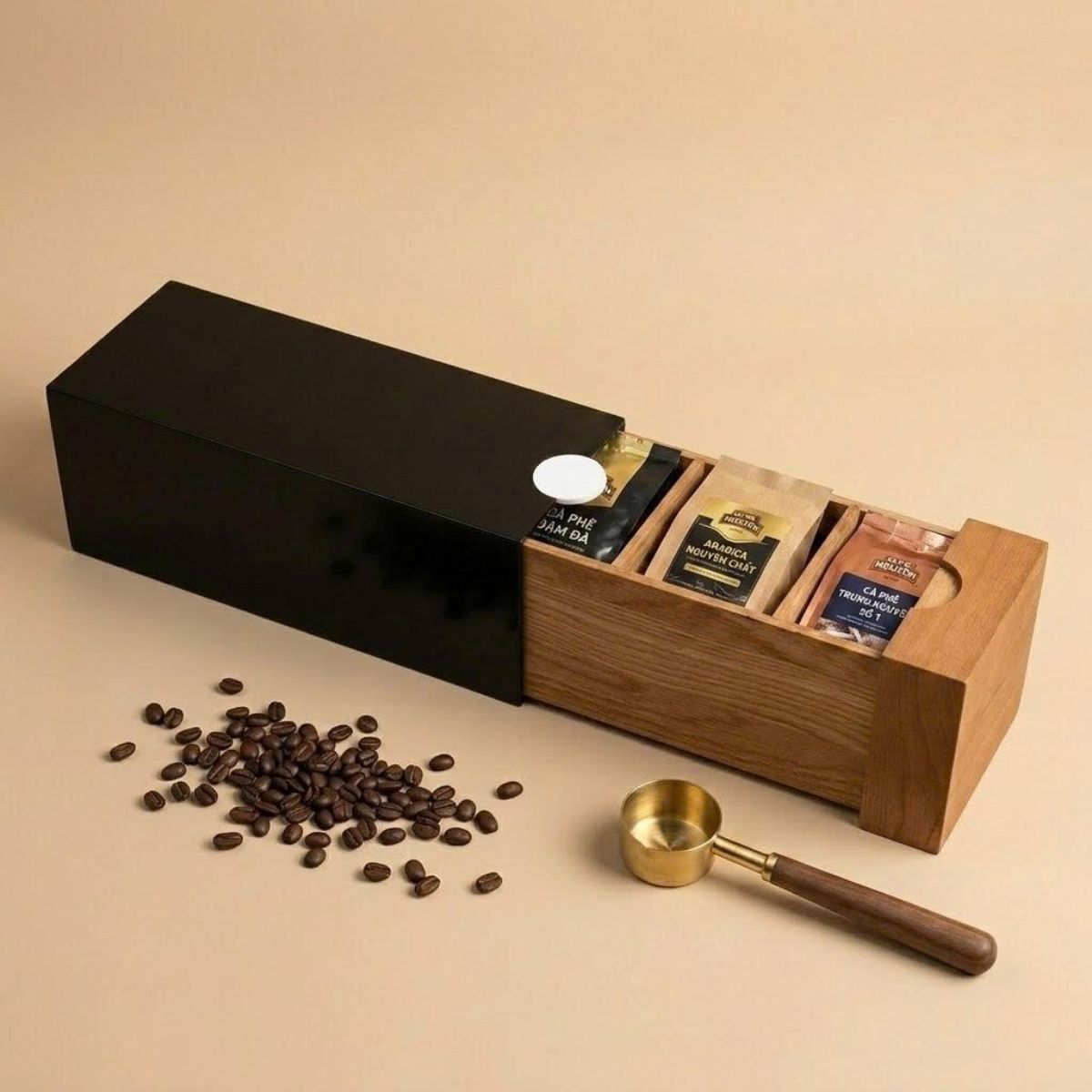 Hộp cafe nắp trượt vỏ đen và khay gỗ tự nhiên