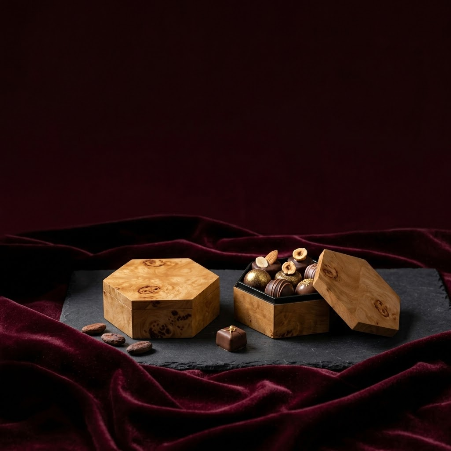 hộp vân burl đựng socola