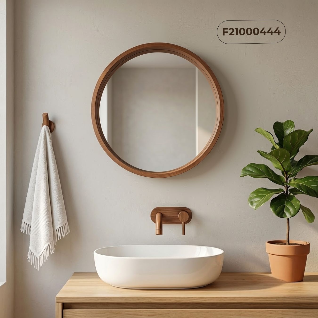 Gương tròn viền gỗ F21 decor lavabo phòng tắm
