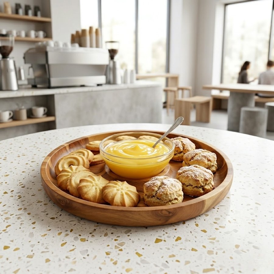 Bánh quy và bánh nướng scone ăn kèm sốt chanh trên khay gỗ