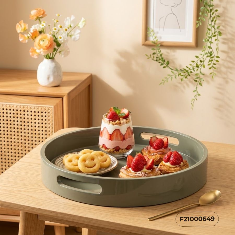 Khay tròn sơn mài màu ghi decor bàn tiệc