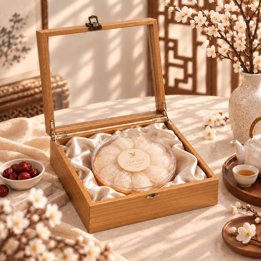 Hộp gỗ tự nhiên nắp kính đựng hũ yến sào