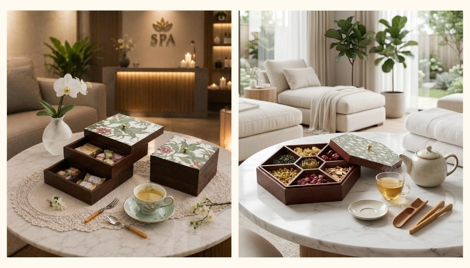 hộp trà tiếp khách tại quầy spa