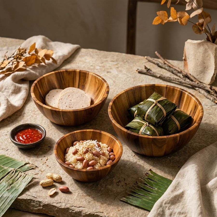 bộ tô gỗ tràm đựng xôi đậu phộng