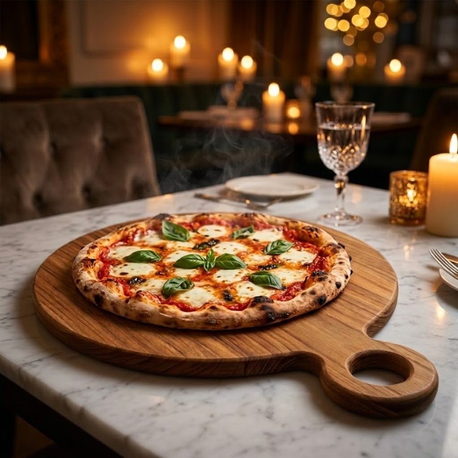 Thớt gỗ tròn phục vụ pizza trong không gian ấm cúng