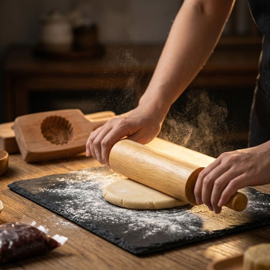 Thao tác dùng cây cán bột gỗ cán vỏ bánh