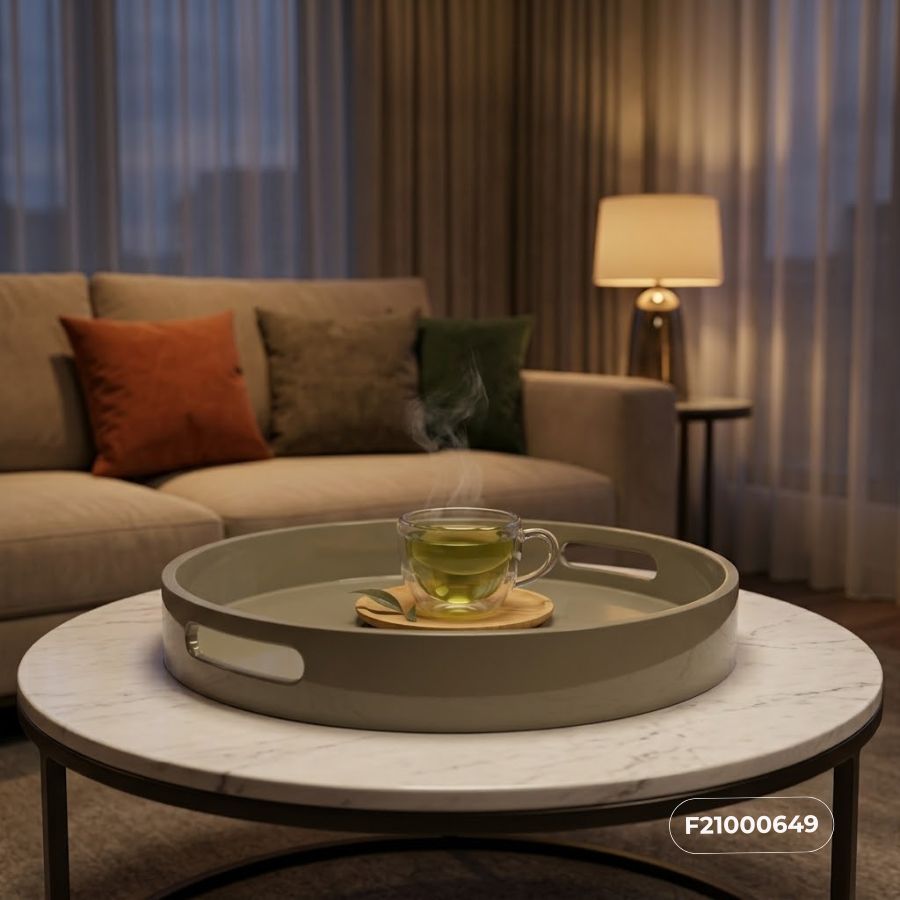 Khay tròn sơn mài màu ghi trên bàn trà sofa