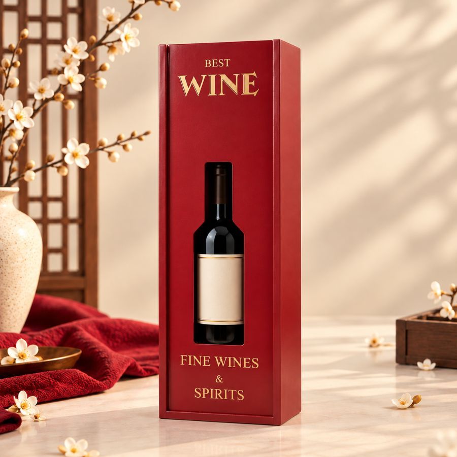 Hộp rượu đỏ in chữ nổi bật