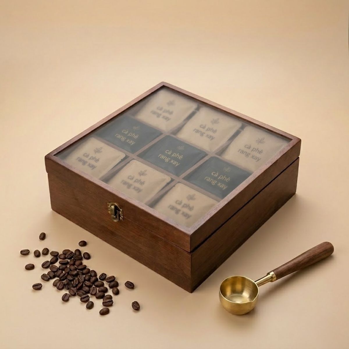 Hộp cafe gỗ 9 ngăn nắp kính