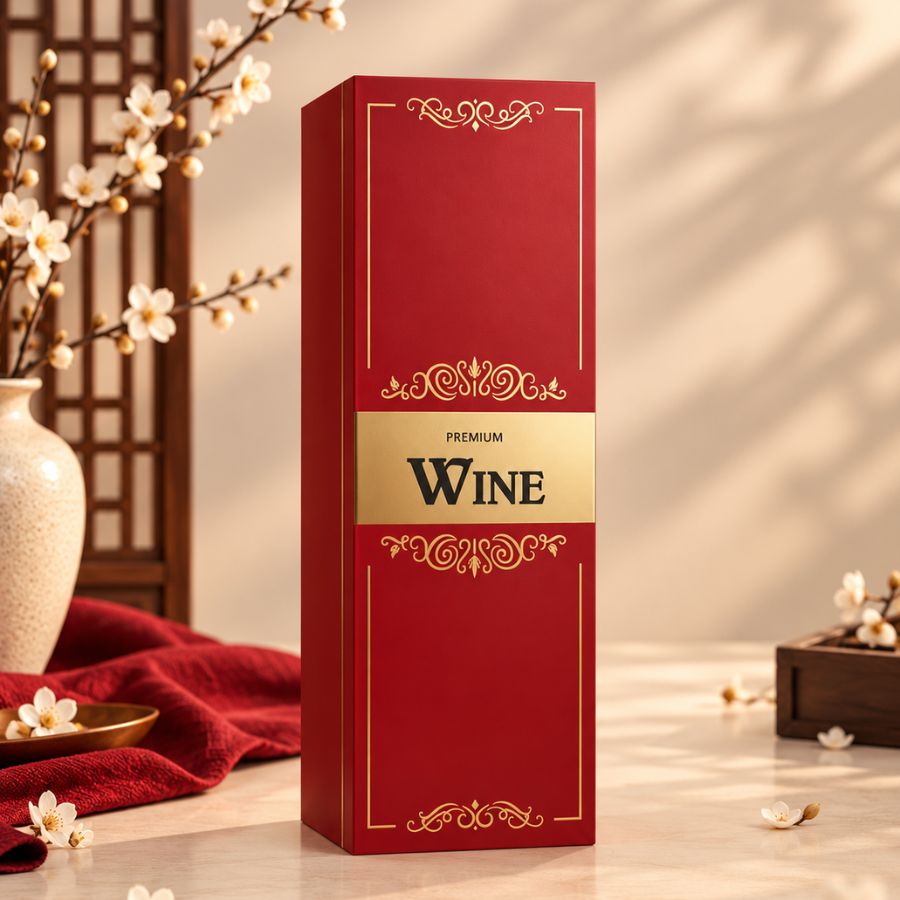 Hộp rượu màu đỏ viền vàng sang trọng