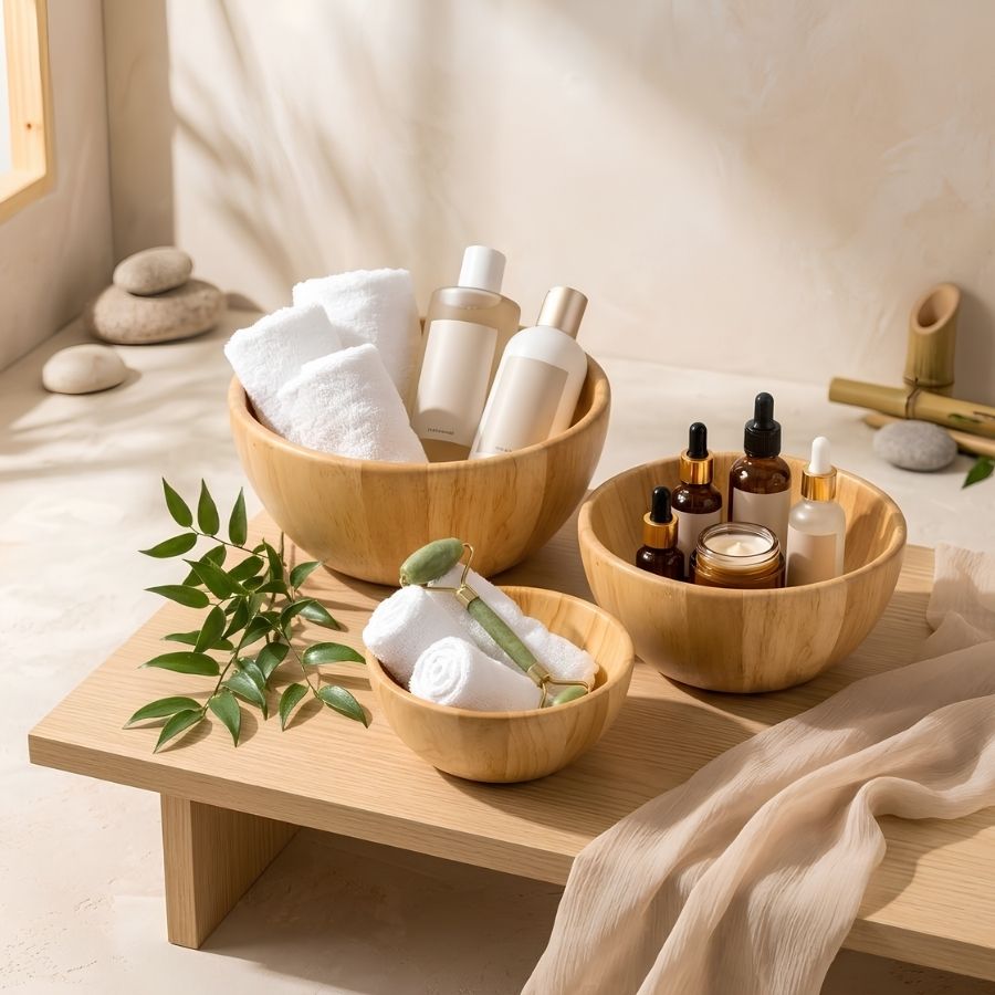tô thành bầu gỗ cao su đựng đồ spa