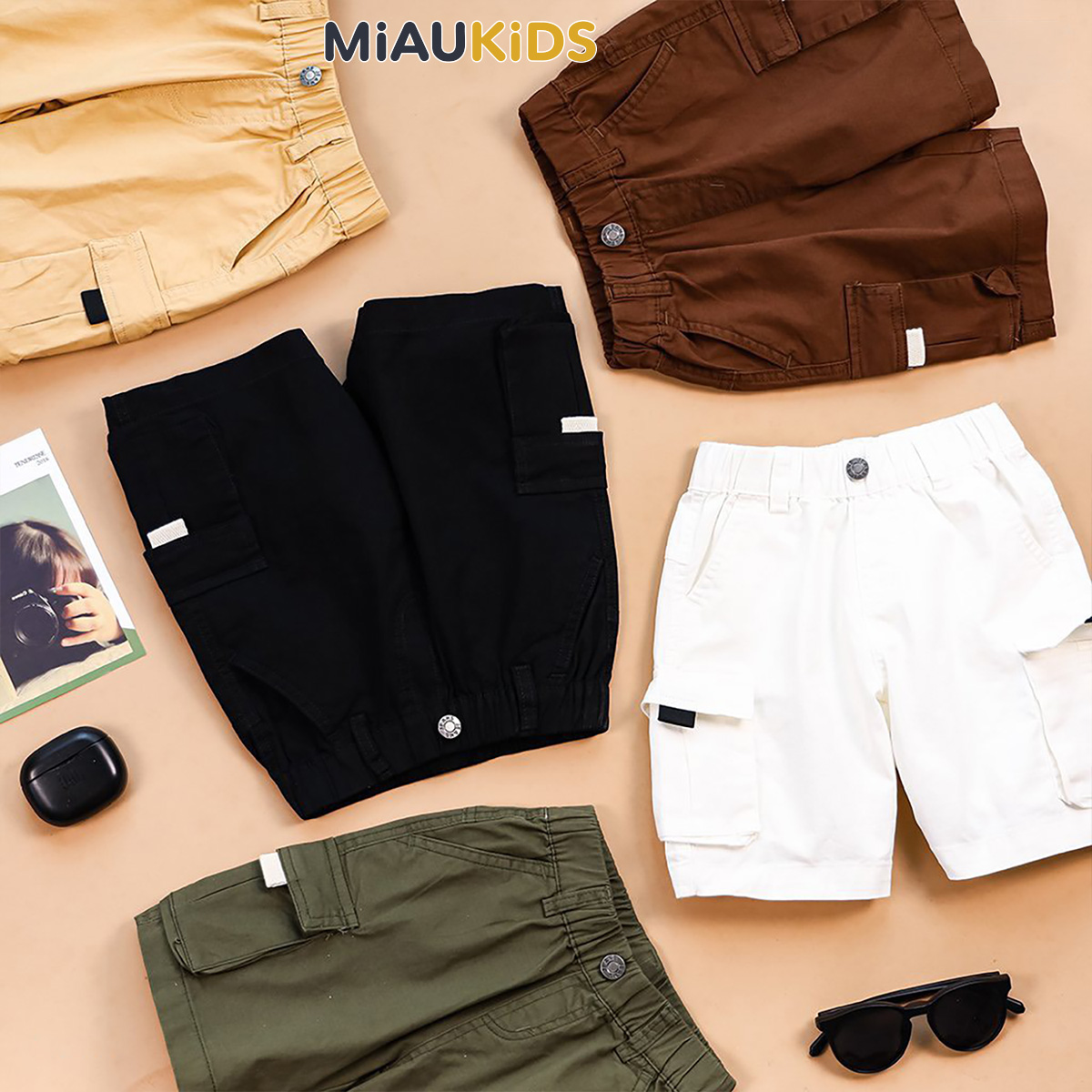 Quần short kaki túi hộp bé trai cotton co giãn phong cách Hàn Quốc