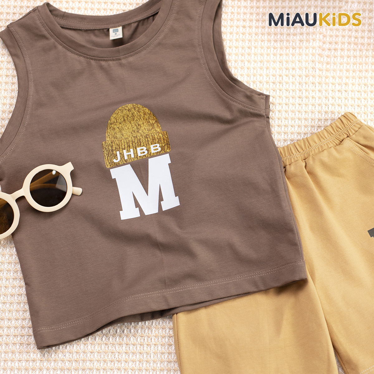 Bộ ba lỗ bé trai cotton in chữ M cá tính quần áo trẻ em mát mịn