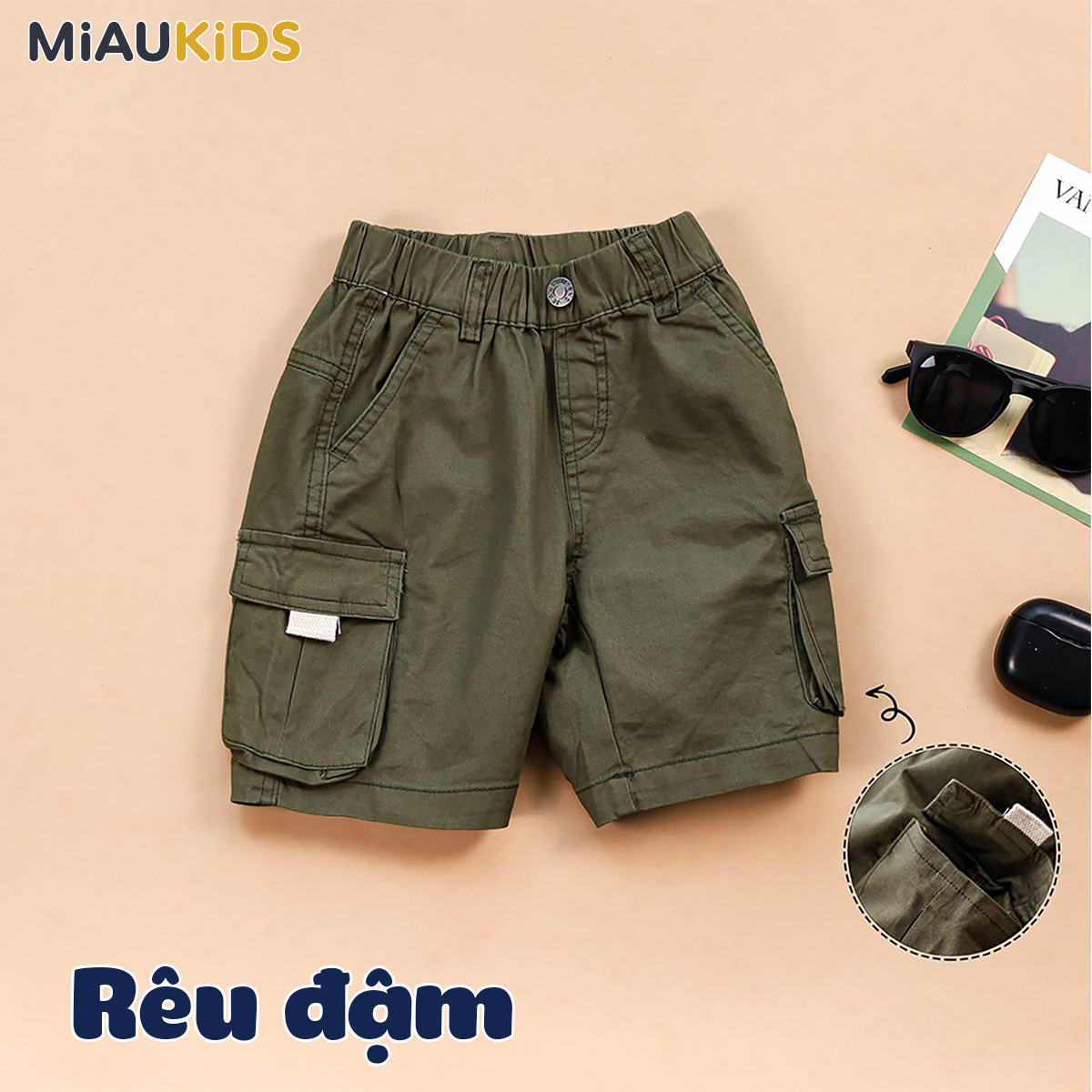 Quần short kaki túi hộp bé trai cotton co giãn phong cách Hàn Quốc