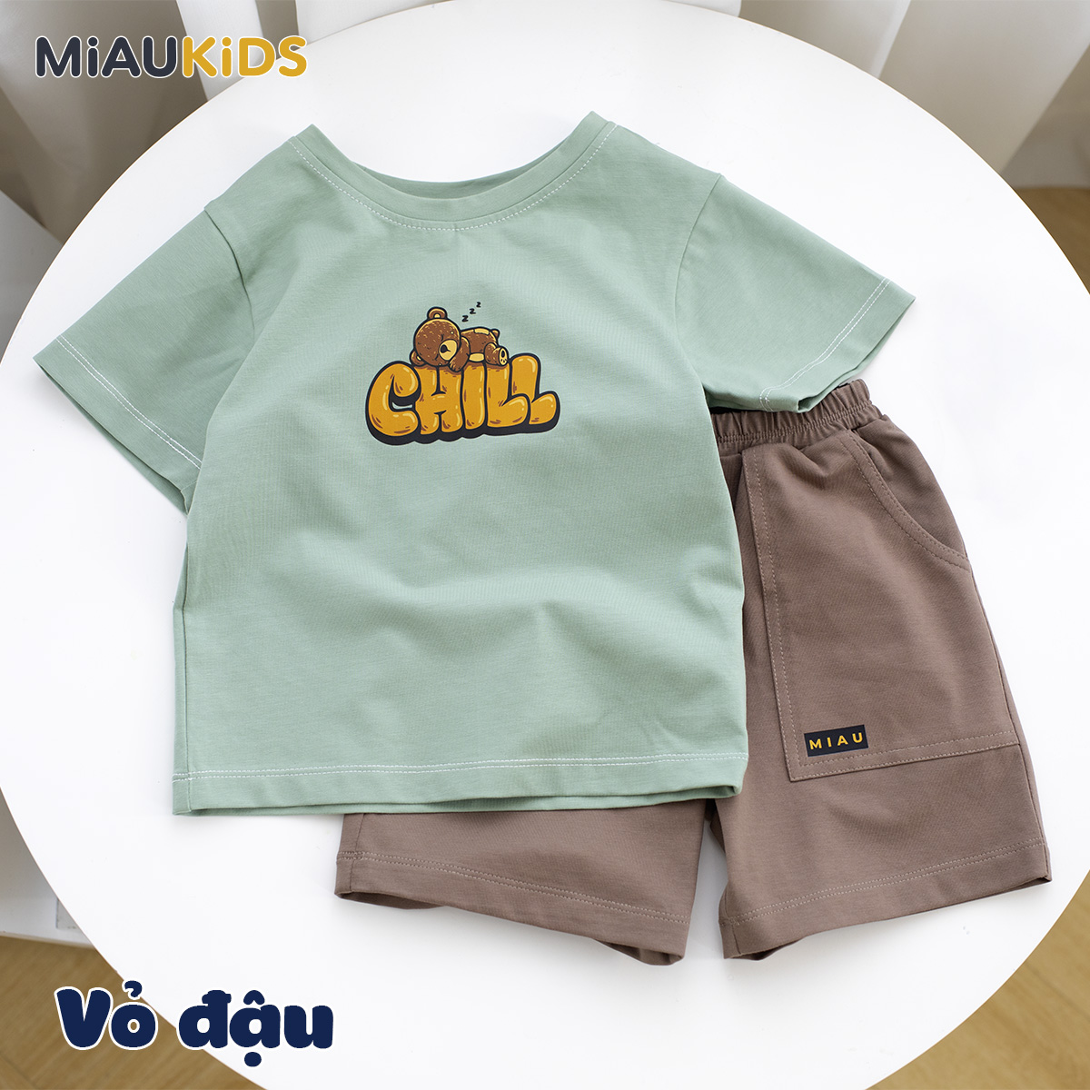 Đồ Bộ Bé Trai Cotton Họa Tiết Gấu Chill Cộc Tay Thoáng Mát MiauKids