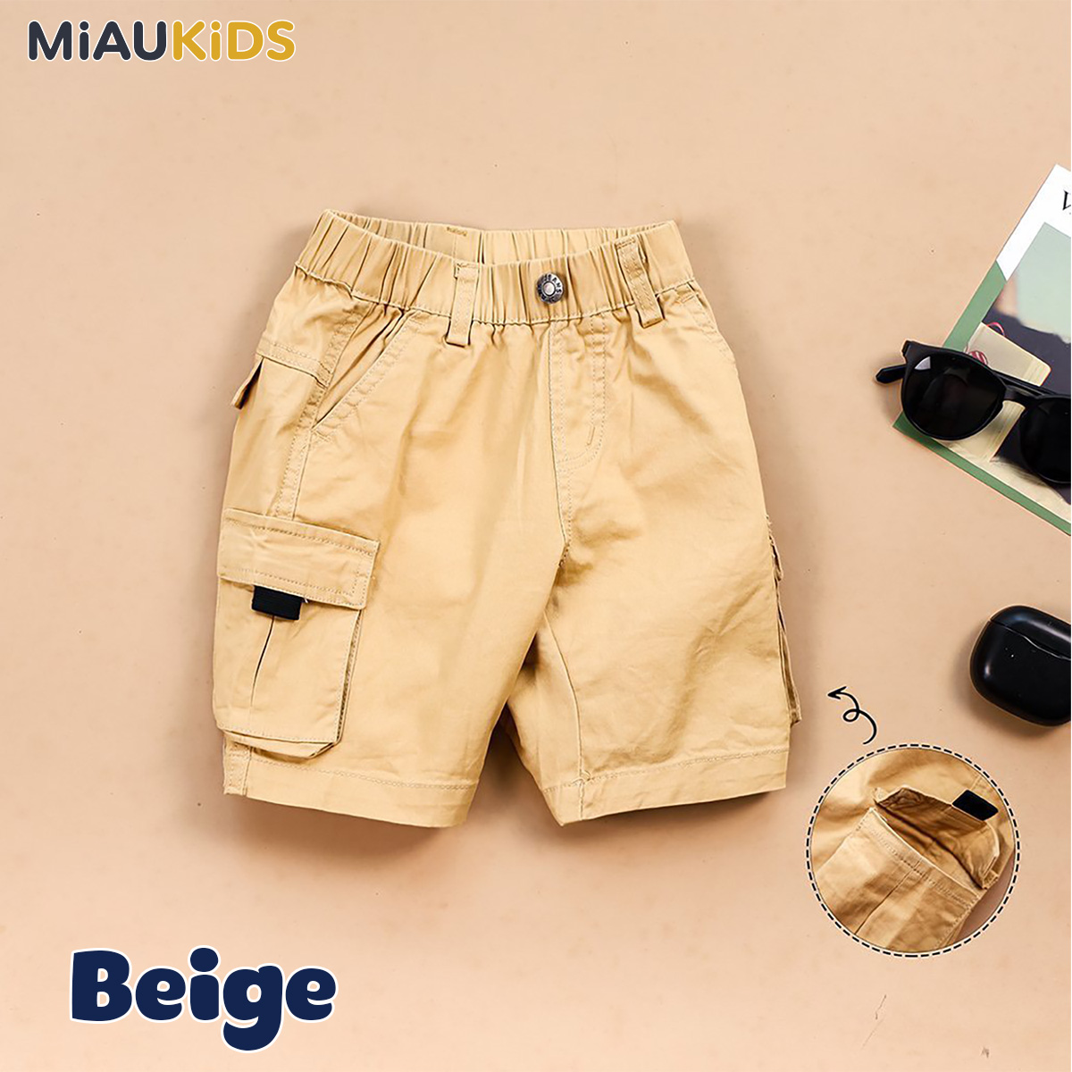 Quần short kaki túi hộp bé trai cotton co giãn phong cách Hàn Quốc